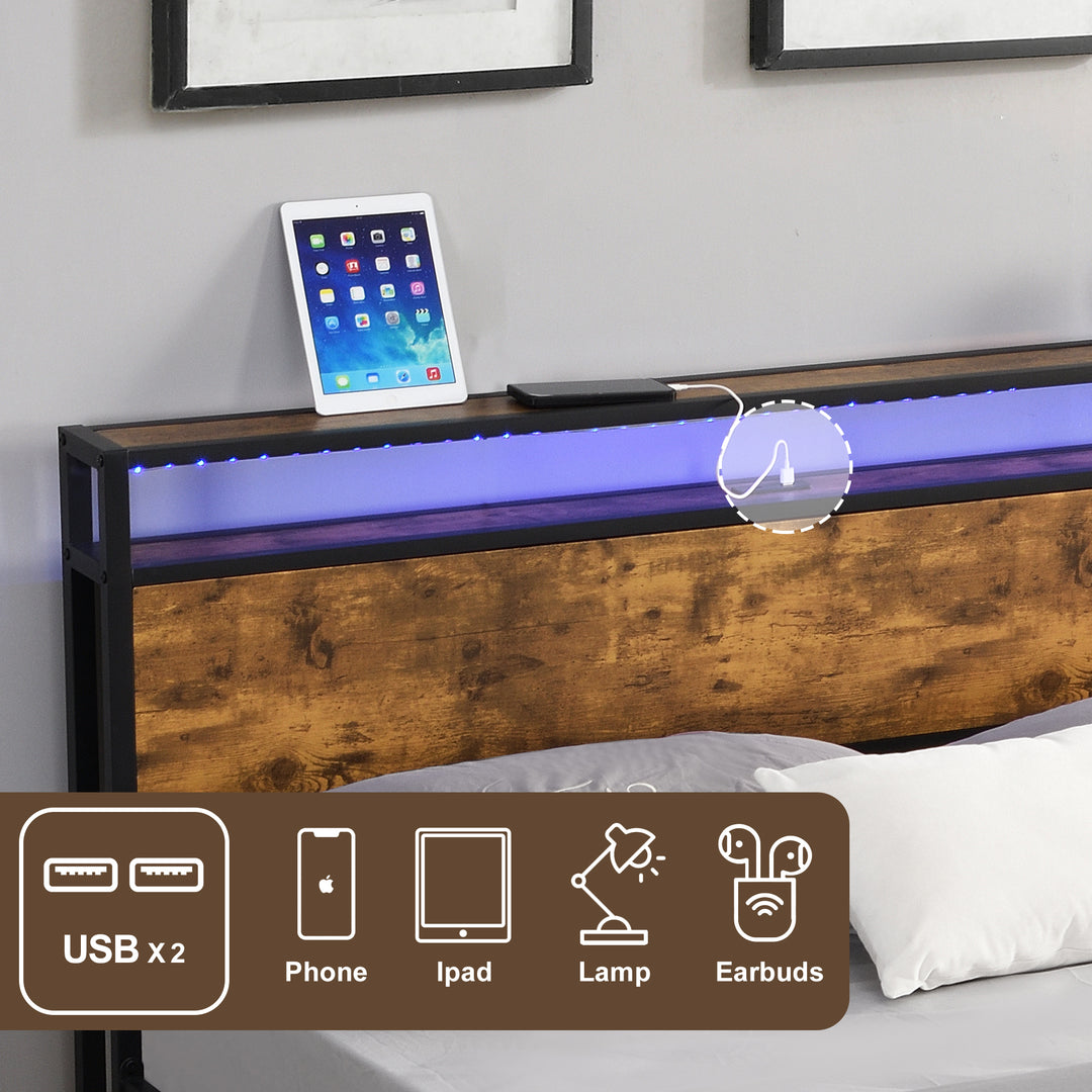 Industrial Full Bed Frame with LED Lights and 2 USB Ports, Bed Frame Full Size with Storage, Noise Free, No Box Spring Needed, Rustic Brown