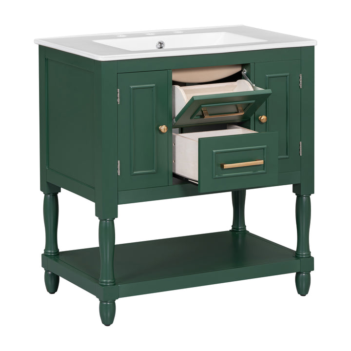 30" Bathroom Vanity with Sink Top, Bathroom Vanity Cabinet with Two Doors and Two Drawers, Solid Wood Frame, One Package, Green