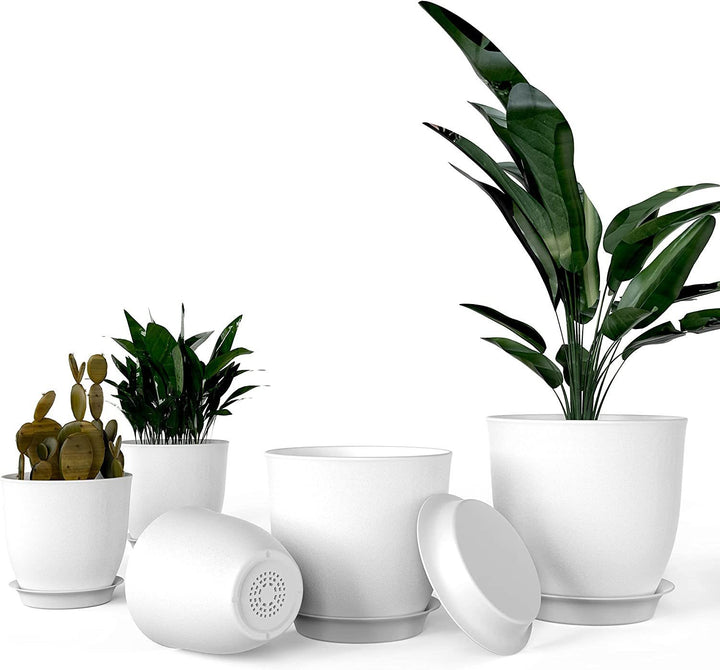 iPower Plastic Planter Pots 5 PCS Set 4.5-7.1 Inch Plant Pot Indoor Modern Decorative Nursery with Drainage Holes and Tray for All House Plants, Succulents, Flowers, Cactus or Seedling, White