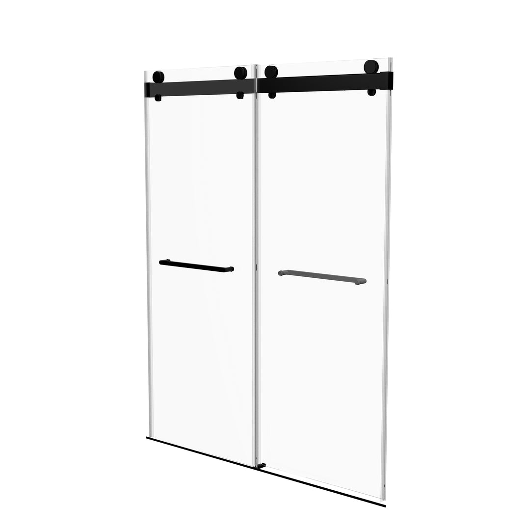 Frameless Double Sliding Shower, 57" - 60" Width, 79" Height, 3/8" (10 mm) Clear Tempered Glass, , Designed for Smooth Door Closing With Upgraded Crashproof System Technology Matte Black Finish