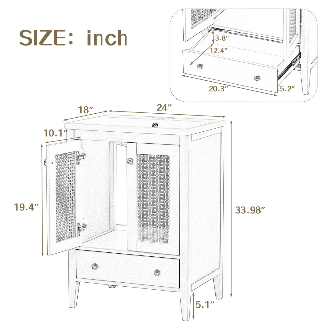 24" Bathroom Vanity with Ceramic Basin, Rattan Bathroom Storage Cabinet with Two Doors and Drawer, Solid Frame, Natural (OLD SKU: JL000008AAD)