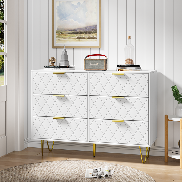 Modern white 6 Drawers for Bedroom, Small Size Wooden drawers with Gold Handles,  Chest Dresser with Deep Drawers for living room