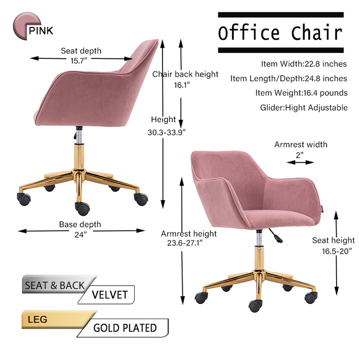 Modern Velvet Fabric Material Adjustable Height 360 revolving Home Office Chair with Gold Metal Legs and Universal Wheels for Indoor,Pink