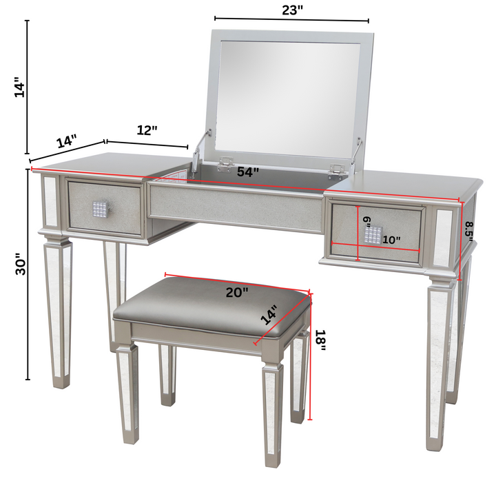 Mirrored Vanities Desk with Drawers, Bedroom Makeup Vanity Table Set with Mirror and Stool, Flip Up Dressing Table for Bedroom/Makeup Room, Working Desk for Women, Girl Furniture Combo