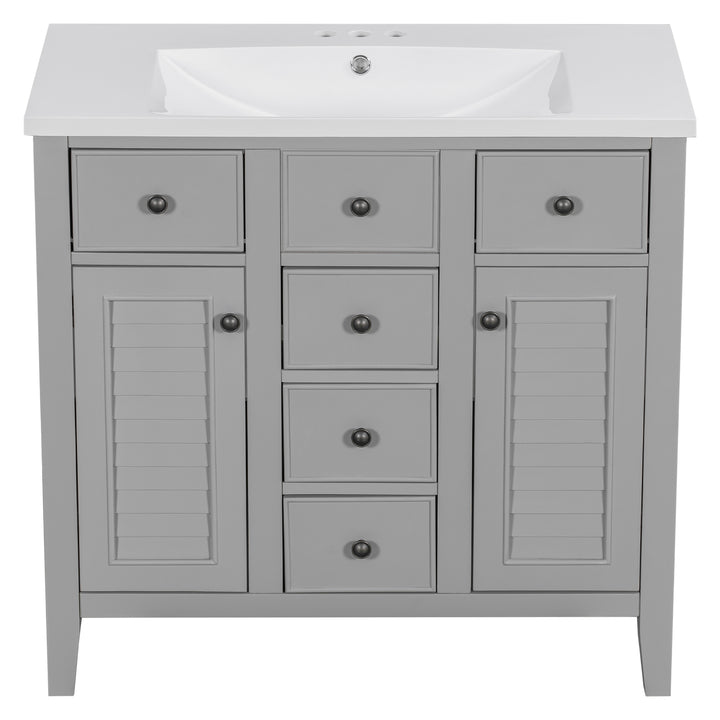 36" Bathroom Vanity with Ceramic Basin, Two Cabinets and Five Drawers, Solid Wood Frame, Grey (OLD SKU: SY999202AAE)