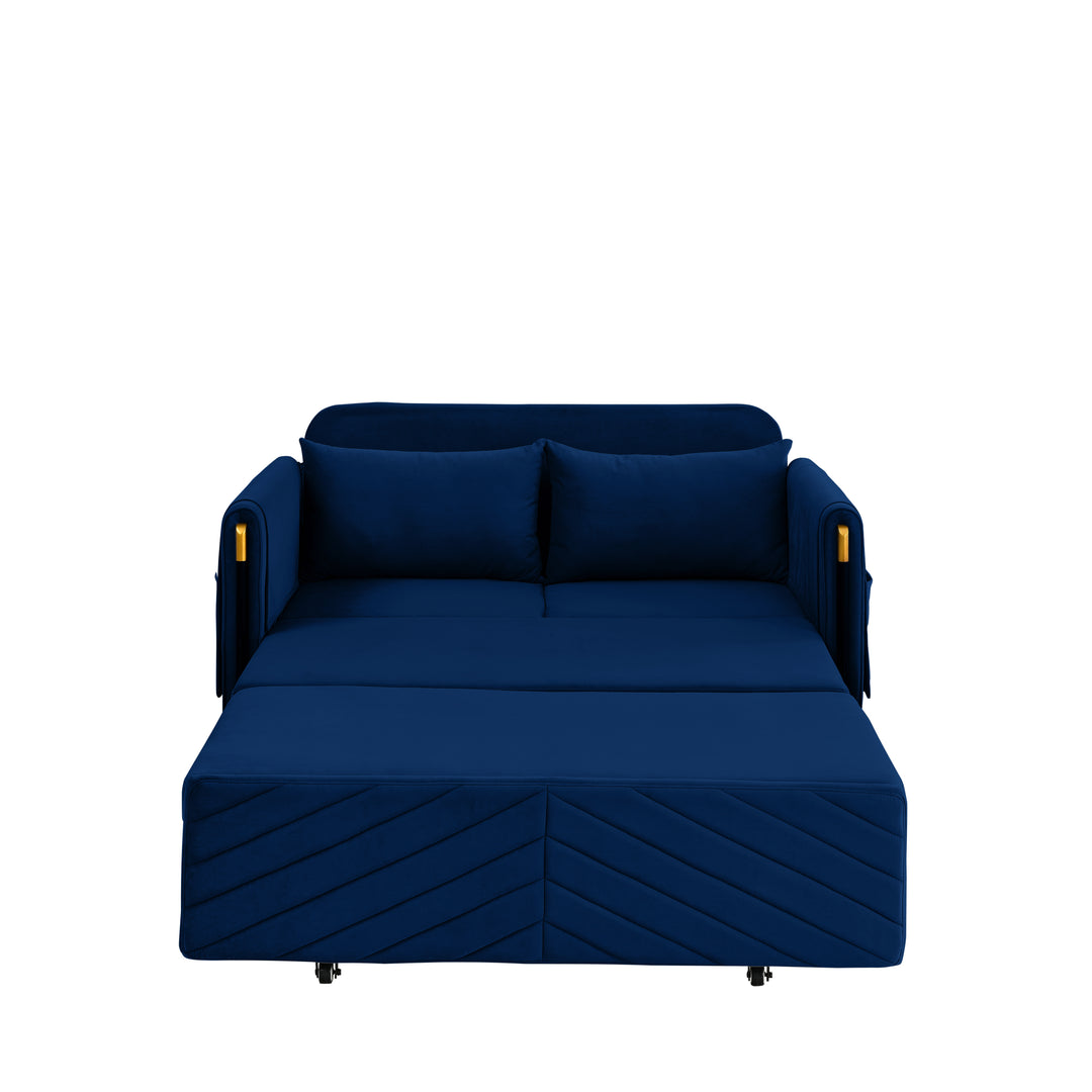 MH 54" Modern Convertible Sofa Bed with 2 Detachable Arm Pockets, Velvet Loveseat Multi-position adjustable Sofa with Pull Out Bed with Bedhead, 2 Pillows and Living Room, Blue