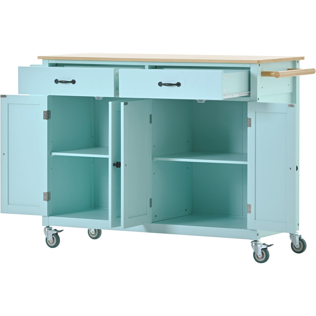 Kitchen Island Cart with 4 Door Cabinet and Two Drawers and 2 Locking Wheels - Solid Wood Top, Adjustable Shelves, Spice & Towel Rack(Mint Green)