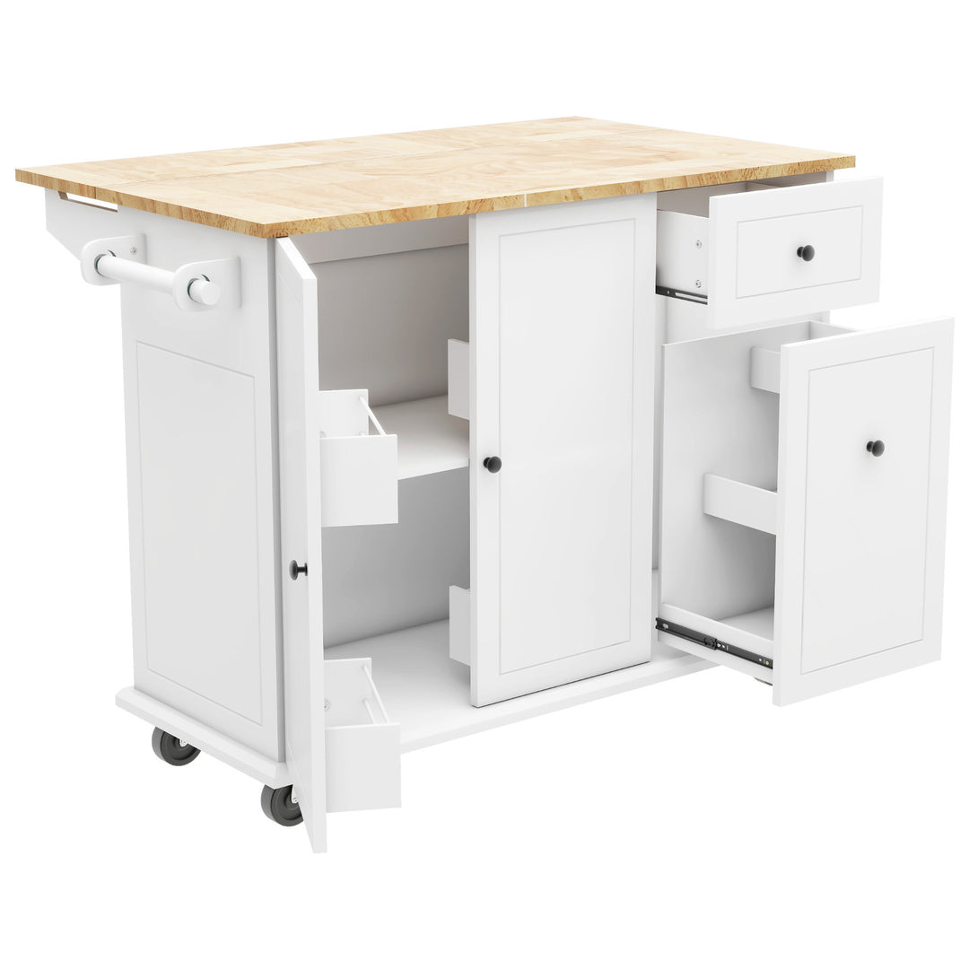 Kitchen Island with Drop Leaf, 53.9" Width Rolling Kitchen Cart on Wheels with Internal Storage Rack and 3 Tier Pull Out Cabinet Organizer, Kitchen Storage Cart with Spice Rack, Towel Rack (White)