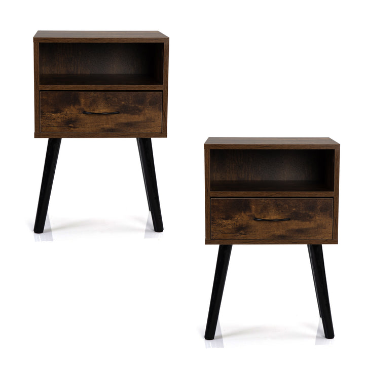 Set of 2 Mid Century Nightstand, Side Table with Drawer and Shelf, End Table for Living Room Bedroom, Rustic Brown