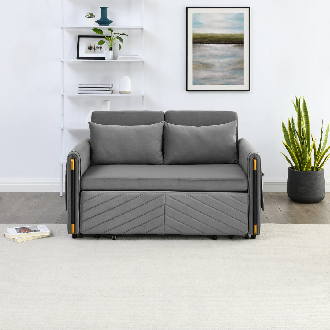 MH 54" Modern Convertible Sofa Bed with 2 Detachable Arm Pockets, Velvet Loveseat Multi-position adjustable Sofa with Pull Out Bed with Bedhead, 2 Pillows and Living Room, Grey