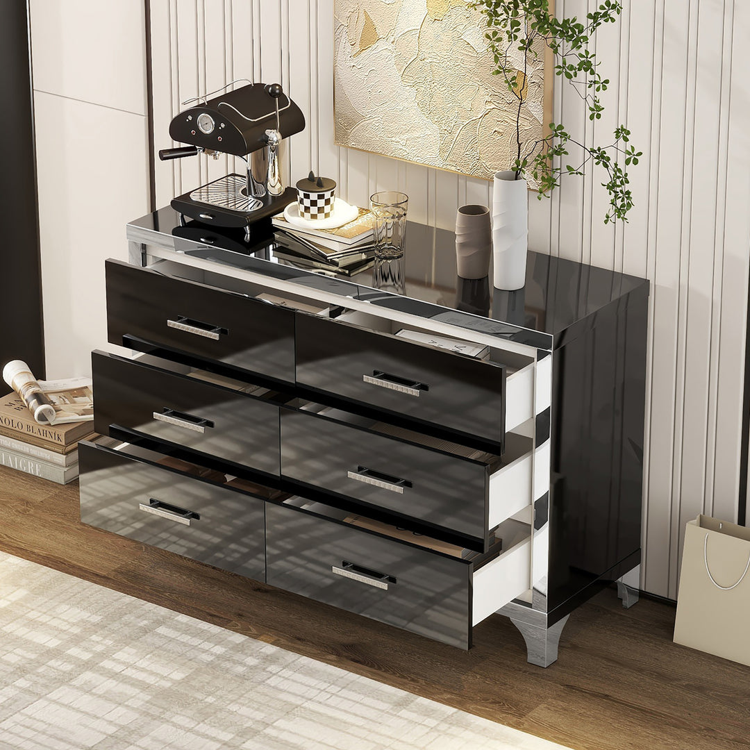 Elegant High Gloss Dresser with Metal Handle,Mirrored Storage Cabinet with 6 Drawers for Bedroom,Living Room,Black