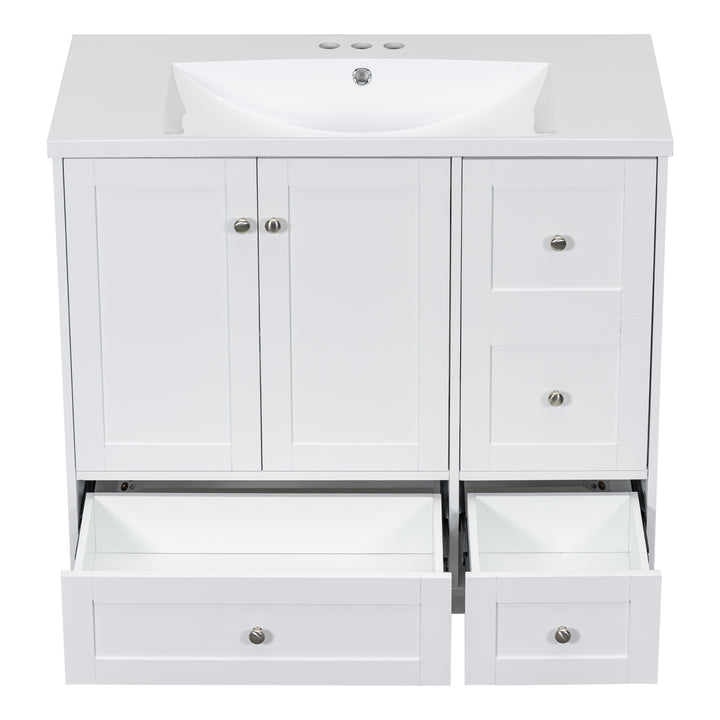 36 Inch Modern Bathroom Vanity with USB Charging, Two Doors and Three Drawers Bathroom Storage Vanity Cabinet, Small Bathroom Vanity cabinet with single sink , White & Gray Blue - Faucets Not Included