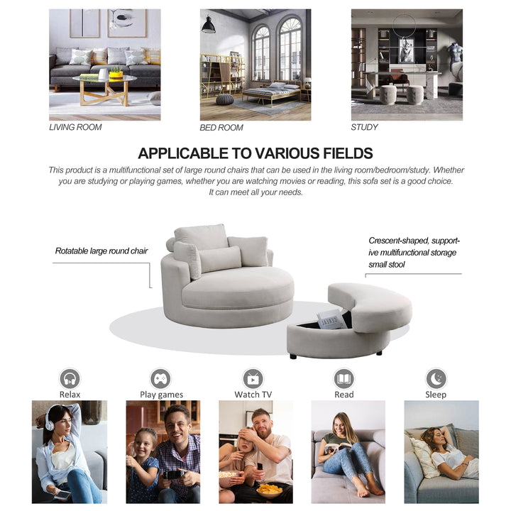 [Video] Welike Swivel Accent Barrel Modern Sofa Lounge Club Big Round Chair with Storage Ottoman Linen Fabric for Living Room Hotel with Pillows