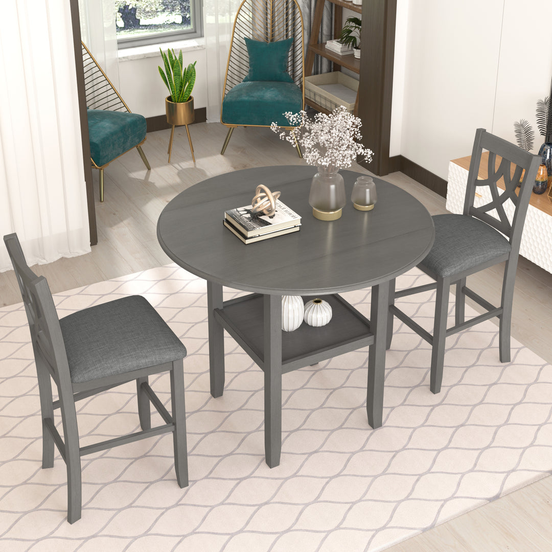 TOPMAX Farmhouse 3 Piece Round Counter Height Kitchen Dining Table Set with Drop Leaf Table, One Shelf and 2 Cross Back Padded Chairs for Small Places, Gray