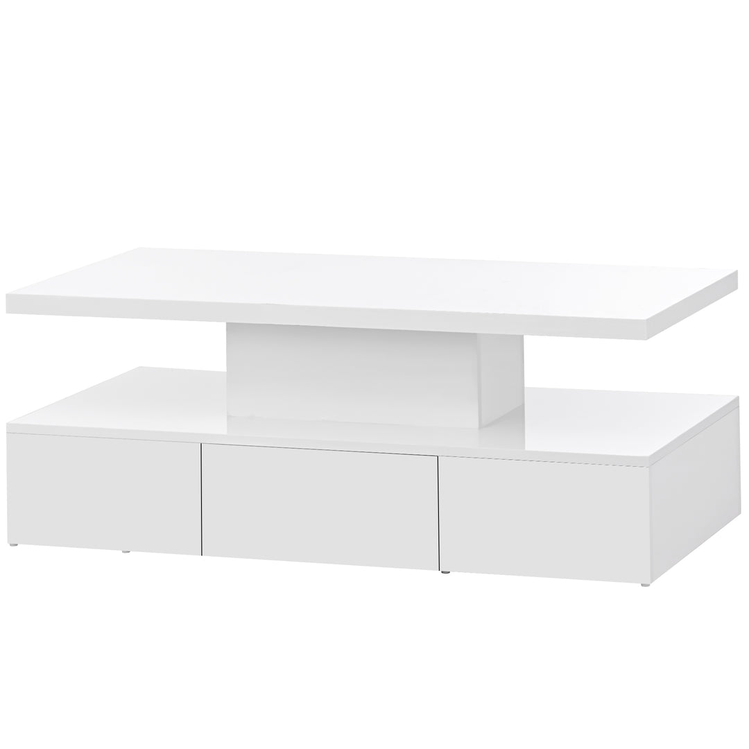 ON-TREND Modern Glossy Coffee Table With Drawer, 2-Tier Rectangle Center Table with LED lighting for Living room, 39.3''x19.6''x15.3'', White