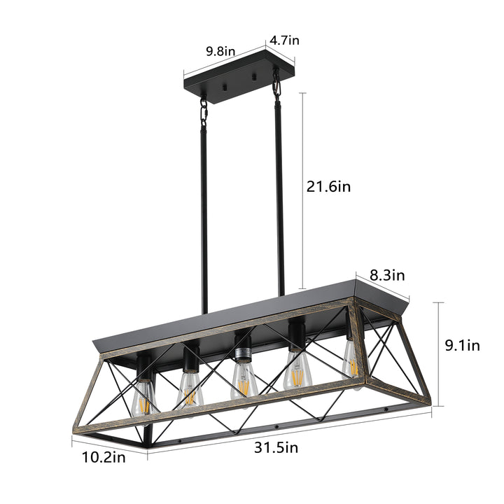 5-Light Farmhouse Chandeliers for Dining Room, Metal Rustic Pendant Island Light Fixture, Modern Rectangular Island Lights for Kitchen, Living Room Black gold(No Bulbs)