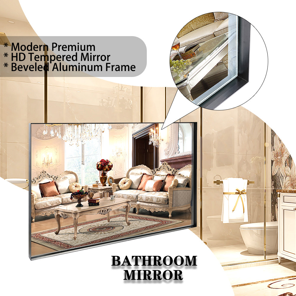 Glossy Black Bathroom Mirrors For Wall 48x30inch Wall Mounted Hanging Plates Mirror Farmhouse Mirror Modern Metal Framed Rectangular Mirror, Decorative Square Corner Mirror(Horizontal & Vertical)