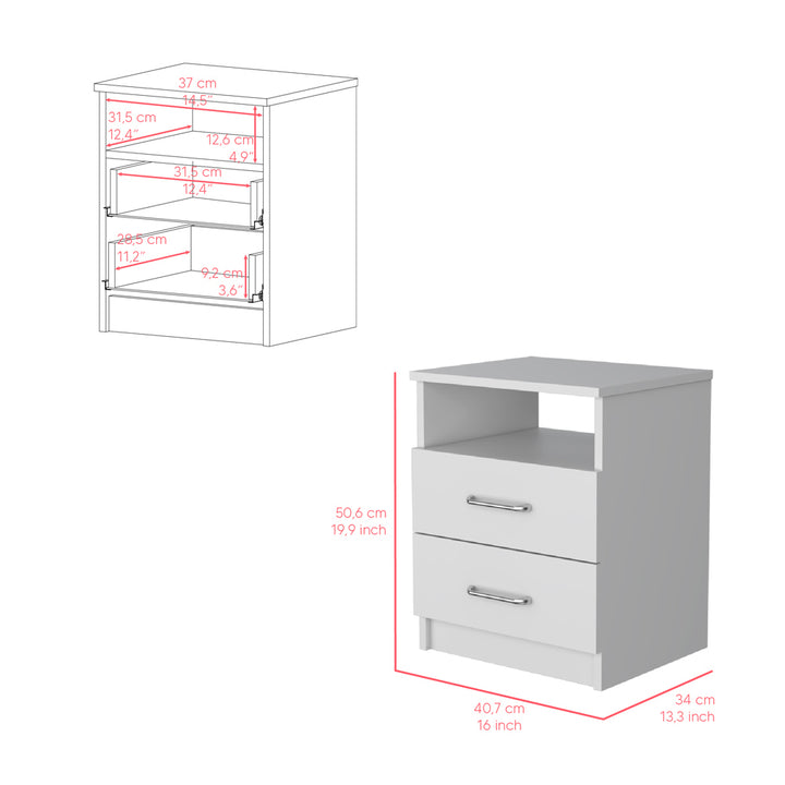 Nightstand Olienza, Two Drawers, One Shelf, White Finish