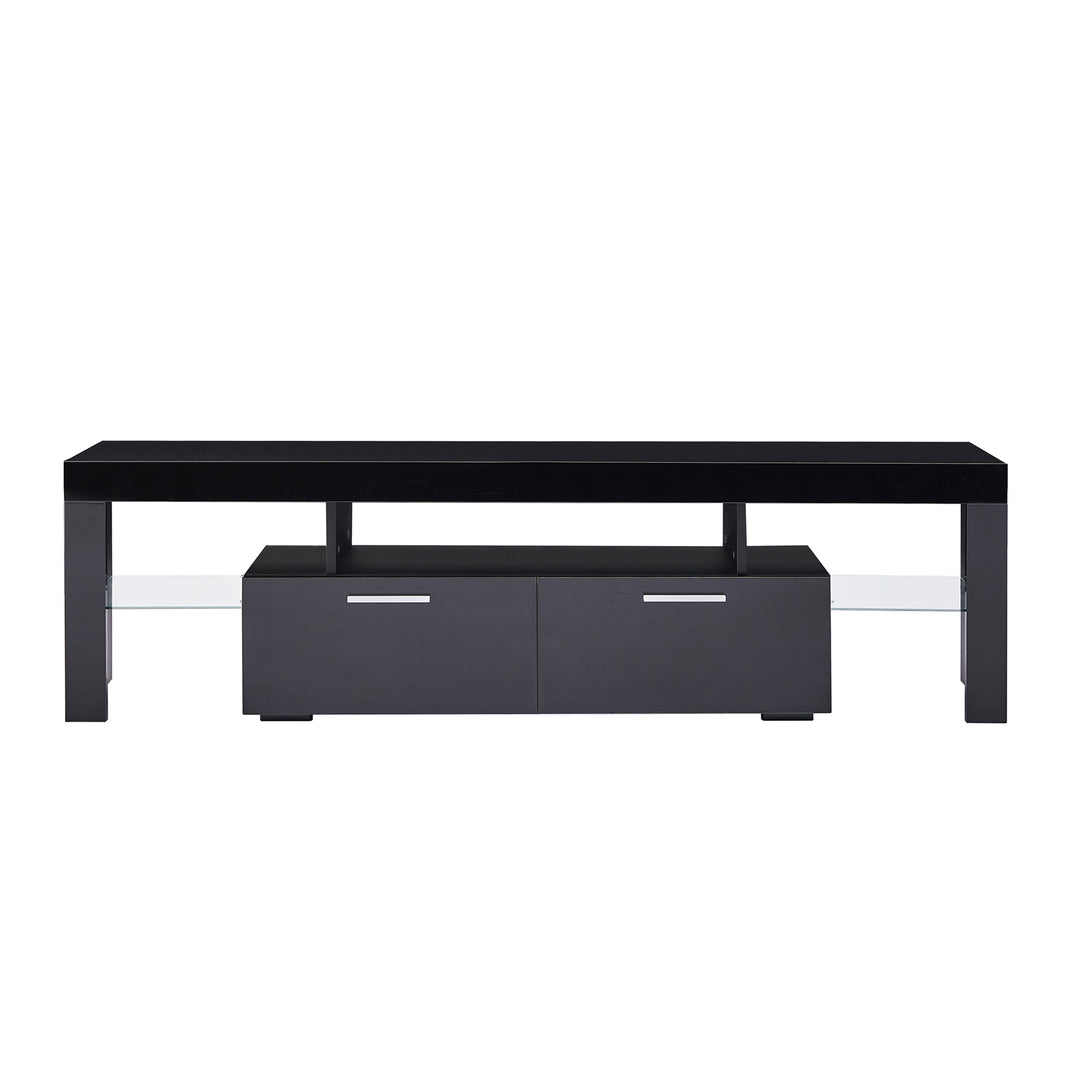 FashionTVstandTVcabinet,EntertainmentCenter,TVstationTV console,media console,with LEDlight belt,light belt remote control,toughenedglassshelf,metal handle,Canbeplaced in the living room,bedroom,black