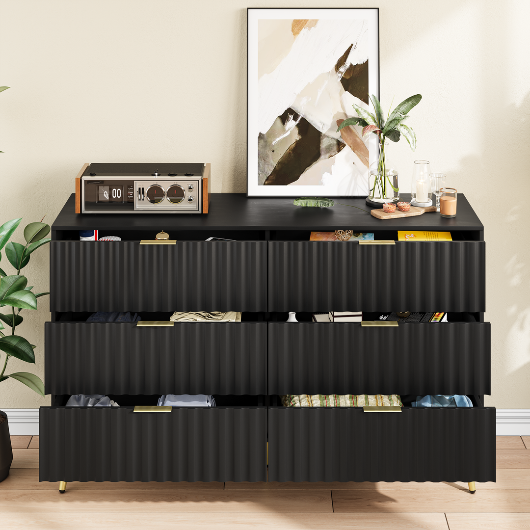 Black Modern 6 Drawers for Living Room for Hallway with Gold Handles Bedroom Chest of Drawers