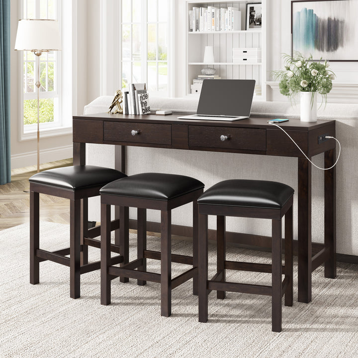 TOPMAX 4-Piece Counter Height Table Set with Socket and Leather Padded Stools, Espresso