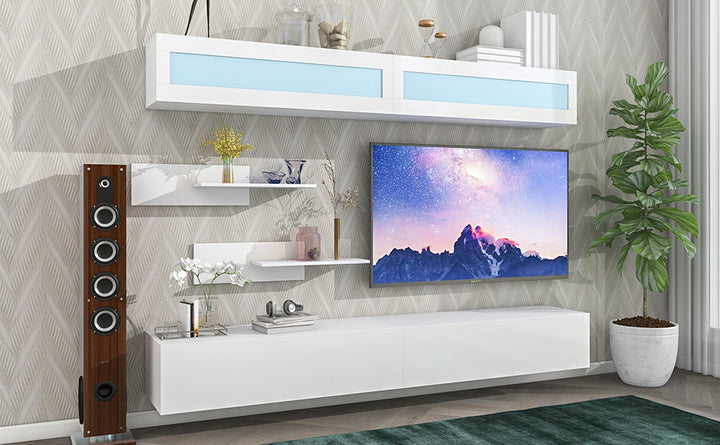 [VIDEO provided] ON-TREND Wall Mount Floating TV Stand with Four Storage Cabinets and Two Shelves, High Gloss Entertainment Center for 95+ Inch TV, 16-color RGB LED Lights for Living Room, White