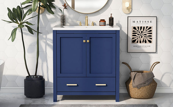 30" Blue Bathroom Vanity with Single Sink, Combo Cabinet Undermount Sink, Bathroom Storage Cabinet with 2 Doors and a Drawer, Soft Closing, Multifunctional Storage, Solid Wood Frame