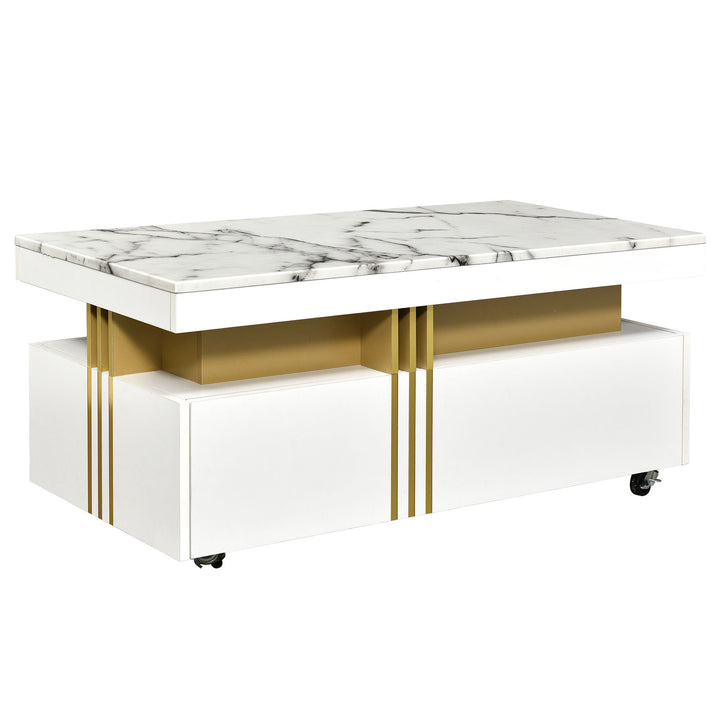 [VIDEO provided] ON-TREND Contemporary Coffee Table with Faux Marble Top, Rectangle Cocktail Table with Caster Wheels, Moderate Luxury Center Table with Gold Metal Bars for Living Room, White