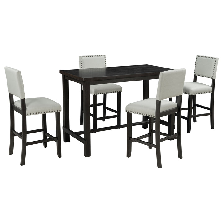 TREXM 5-Piece Counter Height Dining Set, Classic Elegant Table and 4 Chairs in Espresso and Beige