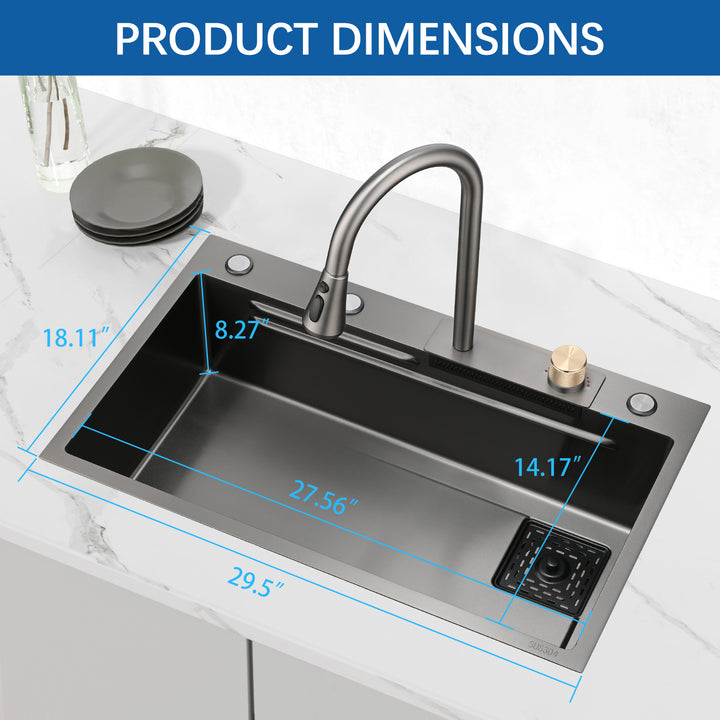 Kitchen Sink Flying rain Waterfall Kitchen Sink Set 30"x 18" 304 Stainless Steel Sink with Pull Down Faucet, and Accessories