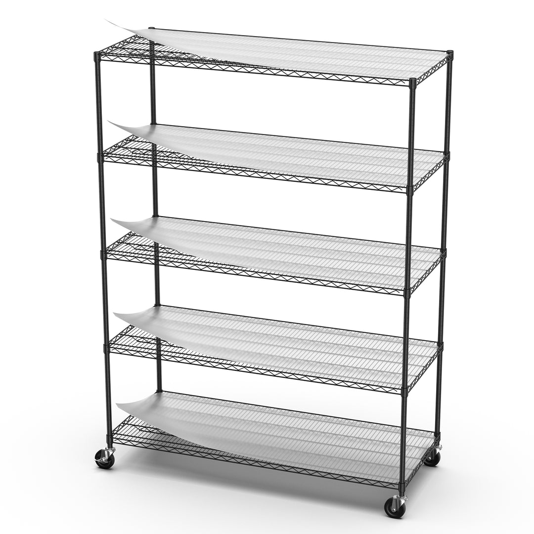 5 Tier 7500lbs Heavy Duty Adjustable Storage Rack Metal Shelf Wire Shelving Unit with Wheels & Shelf Liners - 82" H x 60" L x 24" D - Black