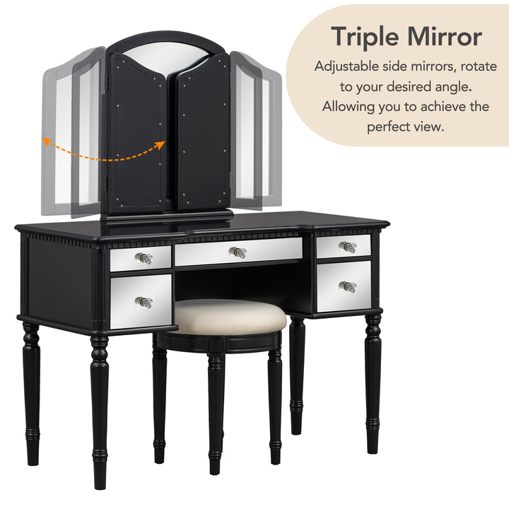 GO 43" Dressing Table Set with Mirrored Drawers and Stool, Tri-fold Mirror, Makeup Vanity Set for Bedroom, Black