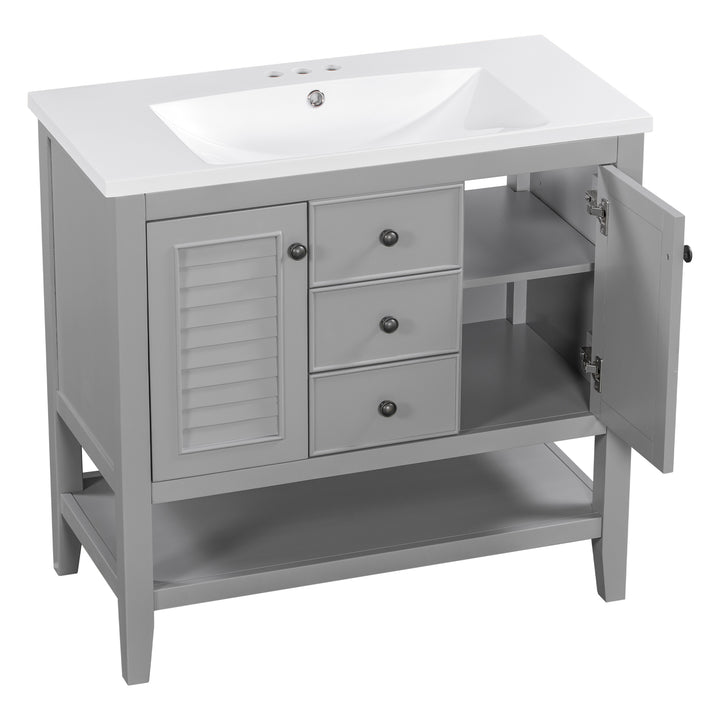 36" Bathroom Vanity with Ceramic Basin, Two Cabinets and Drawers, Open Shelf, Solid Wood Frame, Grey (OLD SKU: SY999101AAE)