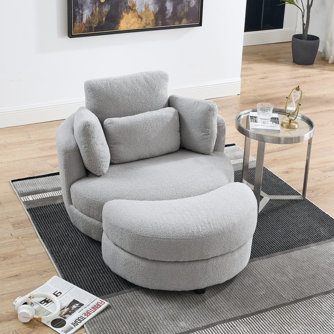 39"W Oversized Swivel Chair with moon storage ottoman for Living Room, Modern Accent Round Loveseat Circle Swivel Barrel Chairs for Bedroom Cuddle Sofa Chair Lounger Armchair, 4 Pillows, Teddy Fabric