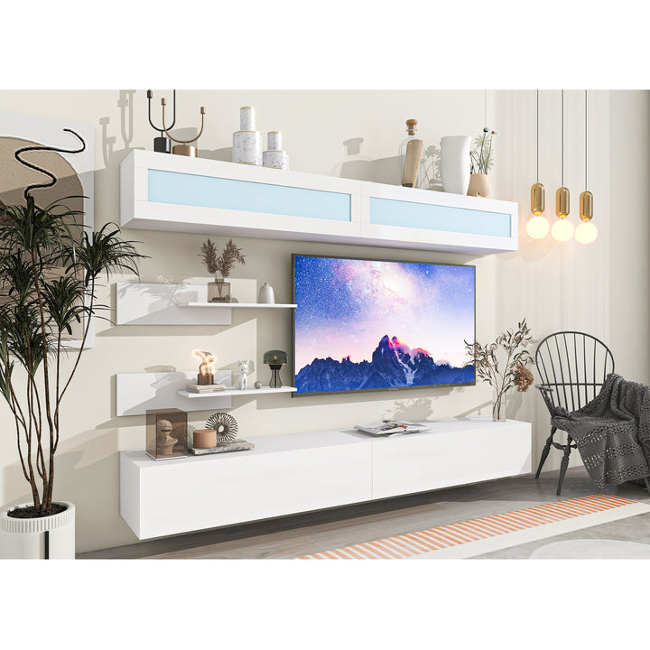 [VIDEO provided] ON-TREND Wall Mount Floating TV Stand with Four Storage Cabinets and Two Shelves, High Gloss Entertainment Center for 95+ Inch TV, 16-color RGB LED Lights for Living Room, White