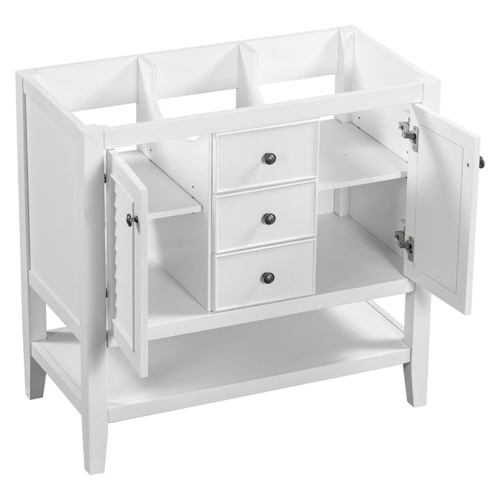 36" Bathroom Vanity without Sink, Cabinet Base Only, Two Cabinets and Drawers, Open Shelf, Solid Wood Frame, White