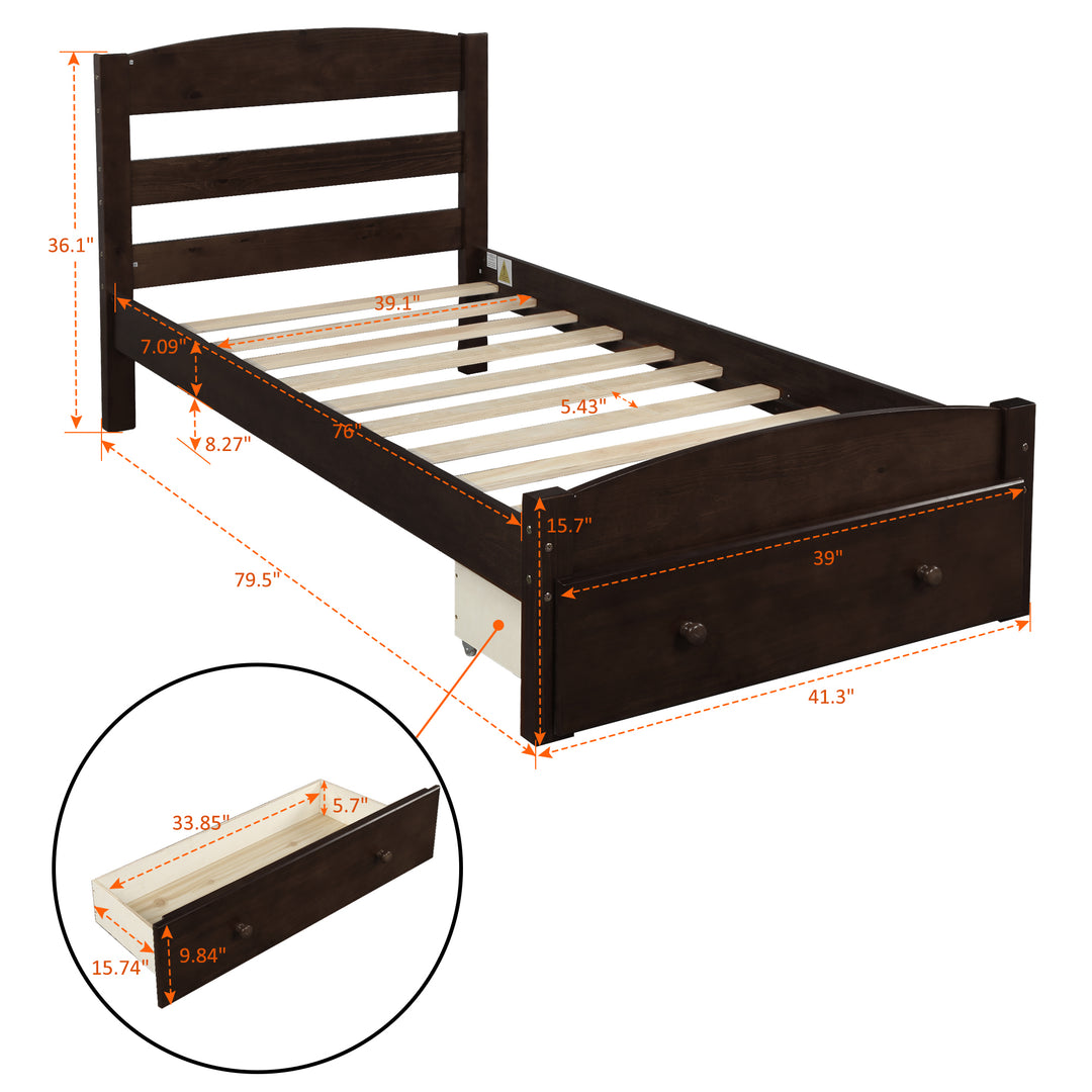 Platform Twin Bed Frame with Storage Drawer and Wood Slat Support No Box Spring Needed, Espresso