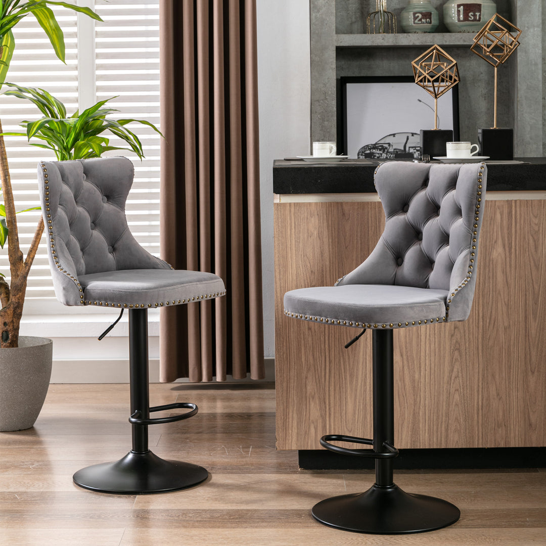 A&A Furniture,Swivel Velvet Barstools Adjusatble Seat Height from 25-33 Inch, Modern Upholstered Bar Stools with Backs Comfortable Tufted for Home Pub and Kitchen Island（Gray,Set of 2）