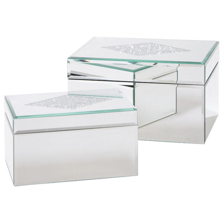 Mirrored Box with Acrylic Diamond Pattern, Set of 2, Silver