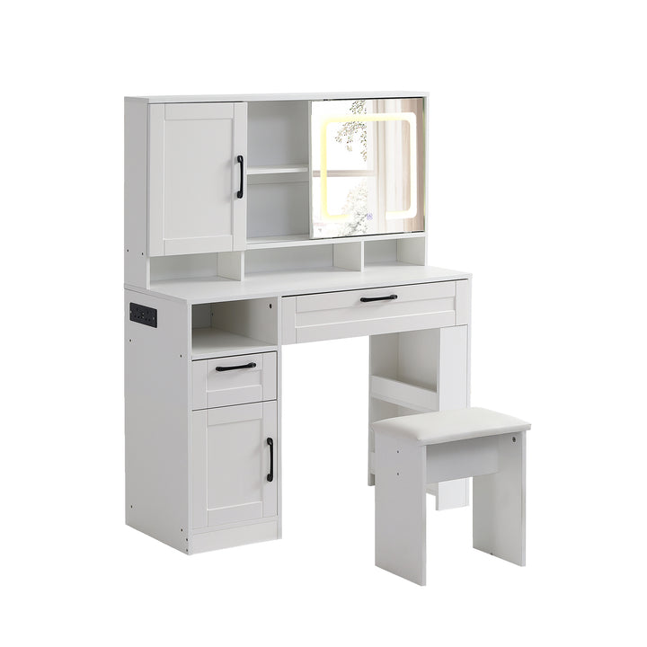 Vanity table with large sliding lighted mirror, dressing table with 2 drawers, storage shelves and upholstered stool, white color