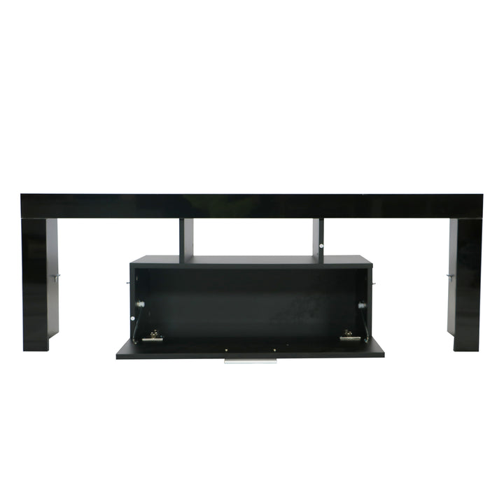 FashionTVstandTVcabinet,EntertainmentCenter,TVstationTV console,media console,with LEDlight belt,light belt remote control,toughenedglassshelf,metal handle,Canbeplaced in the living room,bedroom,black