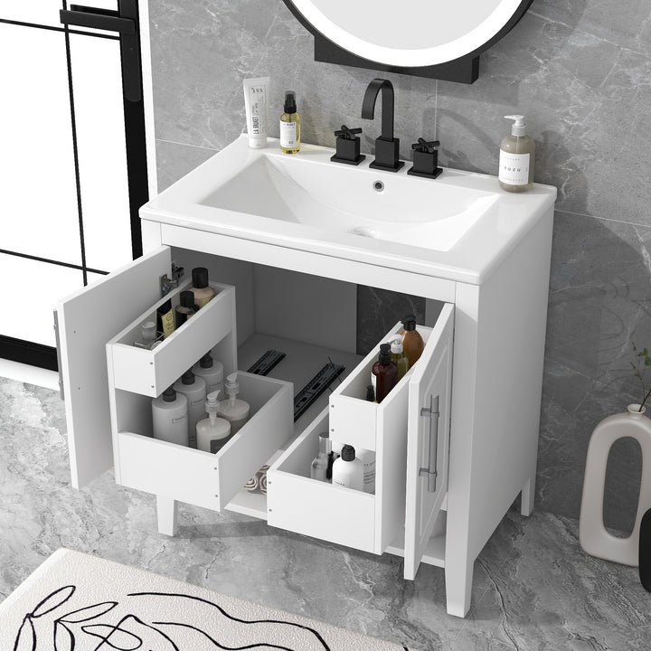 30" Bathroom Vanity with Sink, Multi-functional Bathroom Cabinet with Doors and Drawers, Solid Frame and MDF Board, White