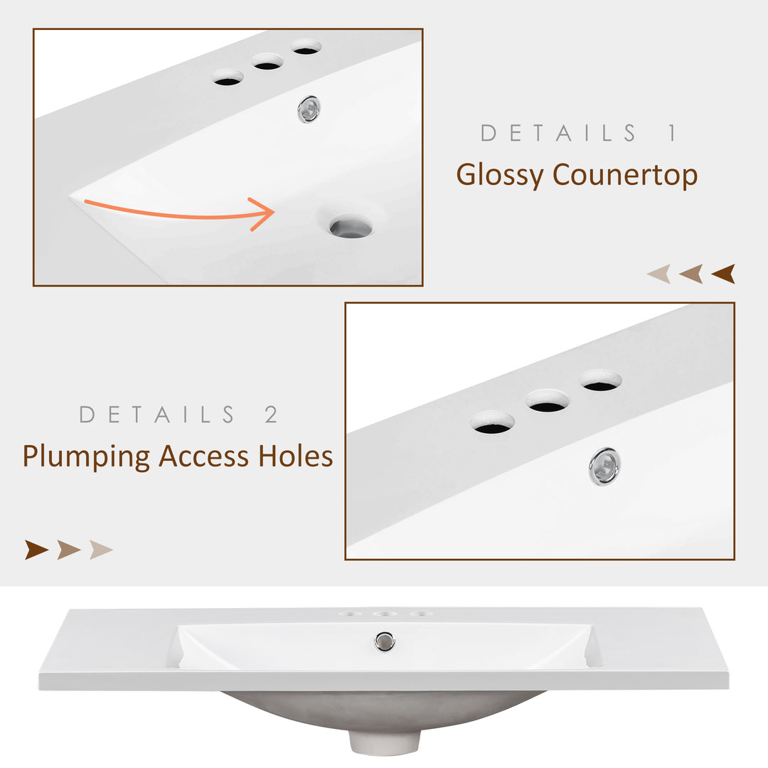 36" Single Bathroom Basin Sink, Vanity Top Only, 3-Faucet Holes, Resin