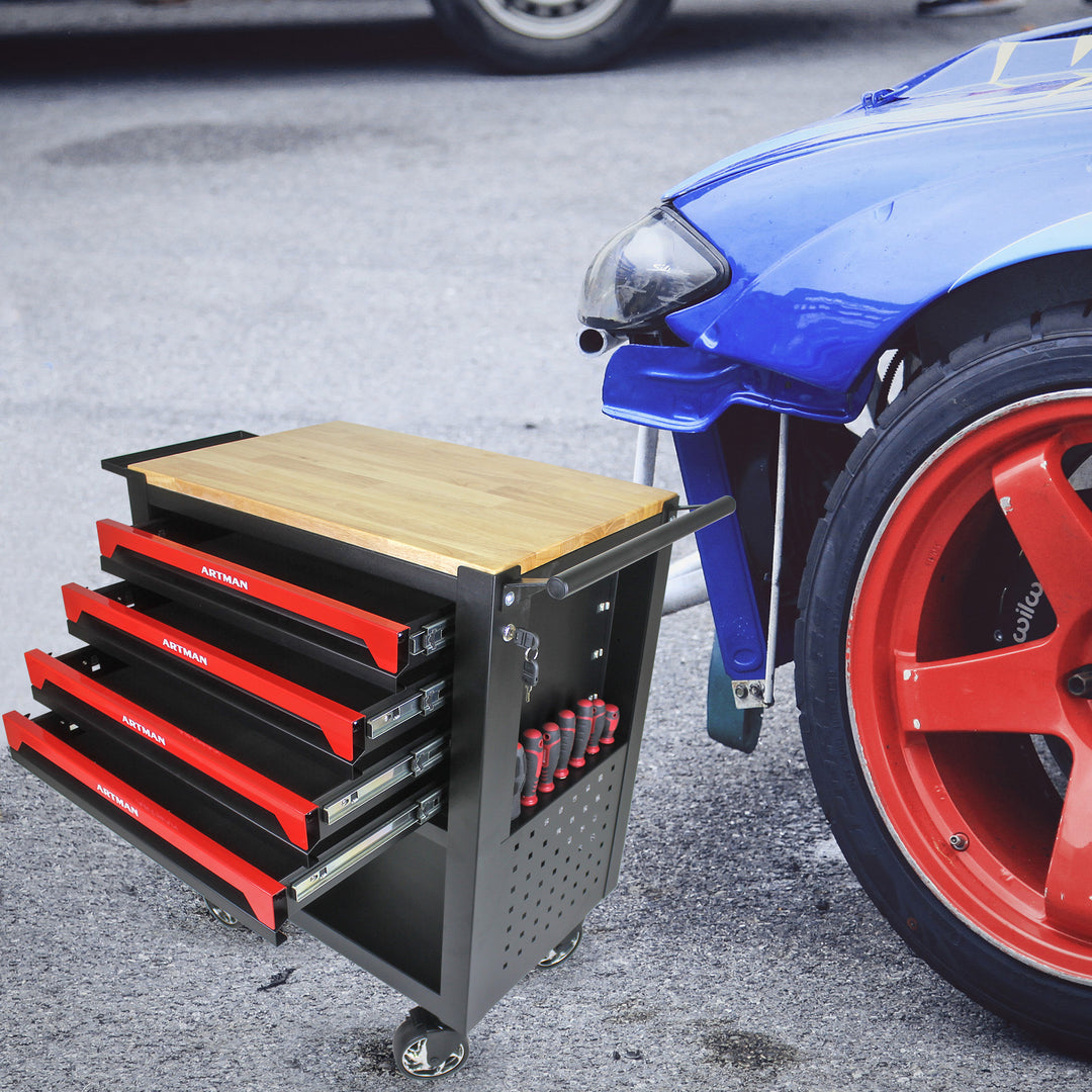 4 DRAWERS MULTIFUNCTIONAL TOOL CART WITH WHEELS AND WOODEN TOP