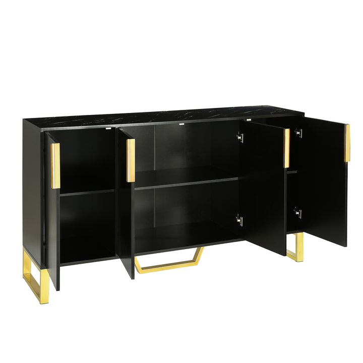 TREXM Modern sideboard with Four Doors, Metal handles & Legs and Adjustable Shelves Kitchen Cabinet (Black)