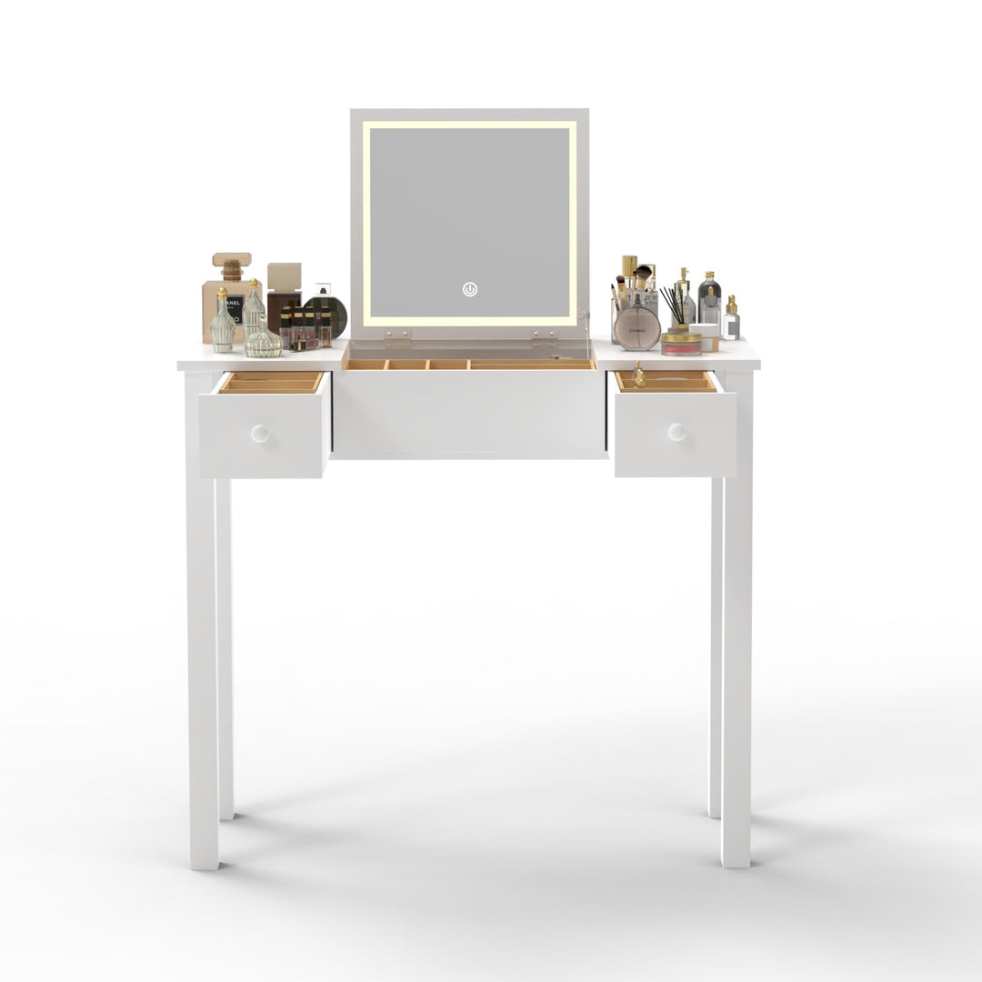 Chic White Vanity Table with LED Lights, Flip-Top Mirror and 2 Drawers, Jewelry Storage for Women Dressing