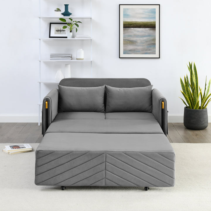 MH 54" Modern Convertible Sofa Bed with 2 Detachable Arm Pockets, Velvet Loveseat Multi-position adjustable Sofa with Pull Out Bed with Bedhead, 2 Pillows and Living Room, Grey