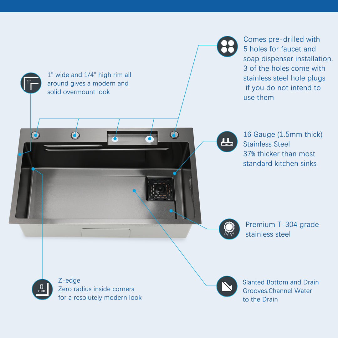 Kitchen Sink Flying rain Waterfall Kitchen Sink Set 30"x 18" 304 Stainless Steel Sink with Pull Down Faucet, and Accessories