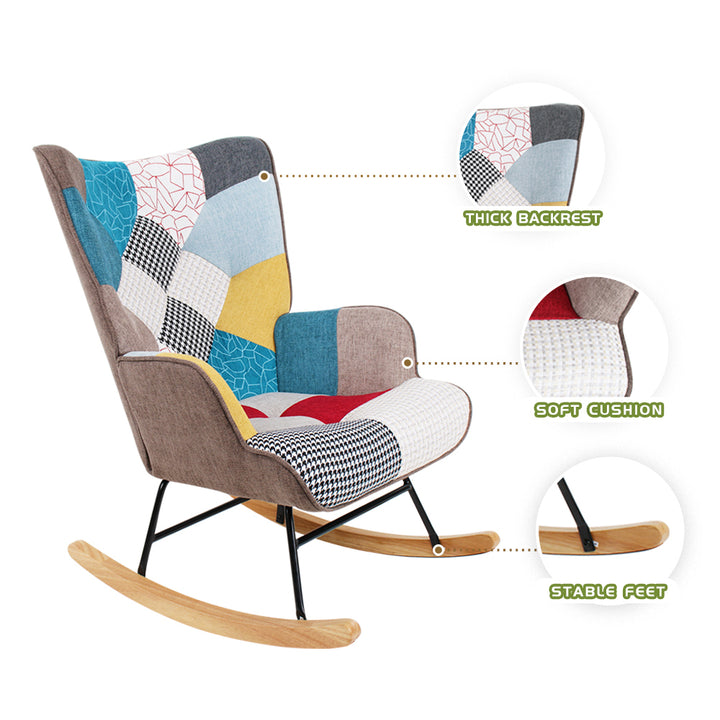 Rocking Chair, Mid Century Fabric Rocker Chair with Wood Legs and Patchwork Linen for Livingroom Bedroom