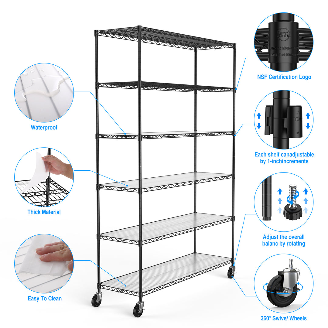 6 Tier Wire Shelving Unit, 6000 LBS NSF Height Adjustable Metal Garage Storage Shelves with Wheels, Heavy Duty Storage Wire Rack Metal Shelves - Black